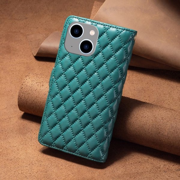 iPhone 14 Plus Cover Rhombusmønster Lynlås Grøn