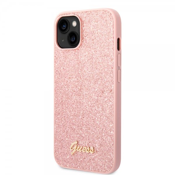 Guess iPhone 14 Plus Cover Glitter Flakes Metal Logo Rosa