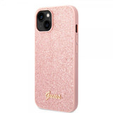Guess iPhone 14 Plus Cover Glitter Flakes Metal Logo Rosa