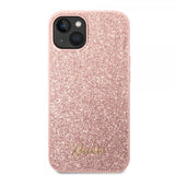 Guess iPhone 14 Plus Cover Glitter Flakes Metal Logo Rosa