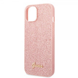 Guess iPhone 14 Plus Cover Glitter Flakes Metal Logo Rosa
