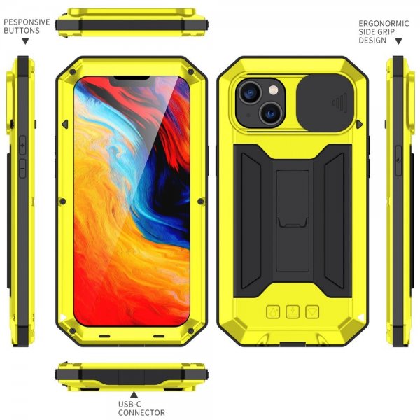 R-JUST iPhone 14 Plus Cover Kamerabeskyttelse Stativfunktion Gul