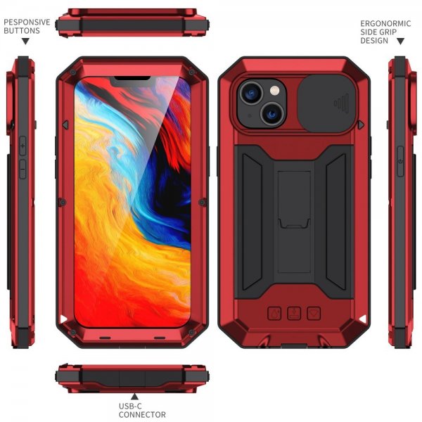 R-JUST iPhone 14 Plus Cover Kamerabeskyttelse Stativfunktion Rød