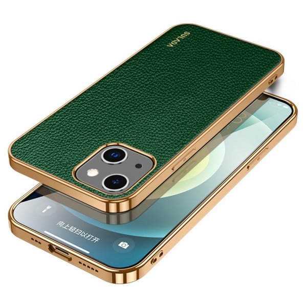 Sulada iPhone 14 Plus Cover Litchimønster Forgyldt Kant Grøn