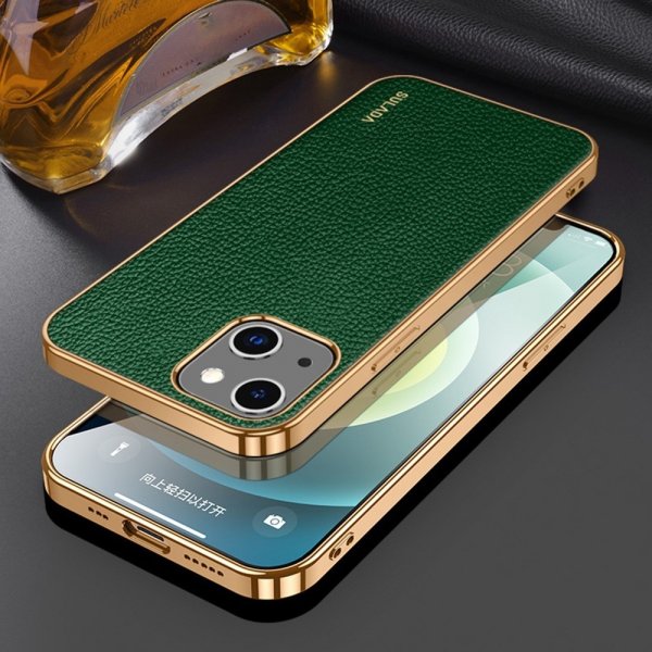 Sulada iPhone 14 Plus Cover Litchimønster Forgyldt Kant Grøn