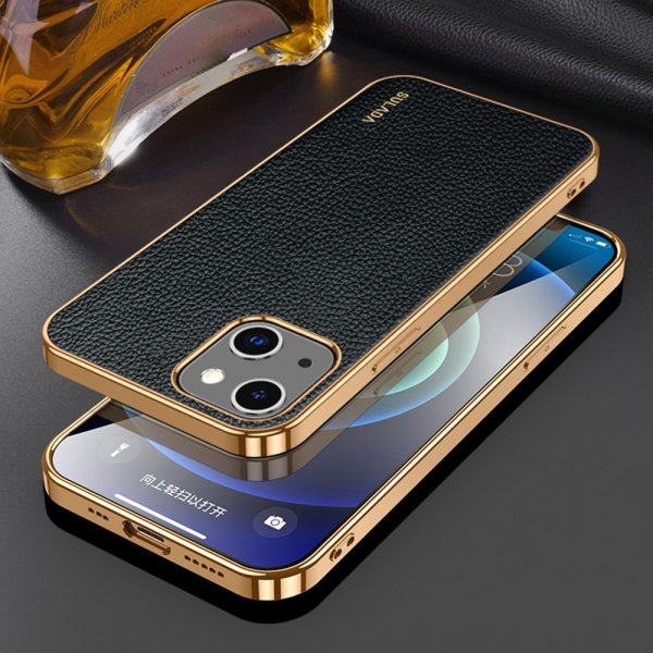 Sulada iPhone 14 Plus Cover Litchi Mønster Belagt Kant Sort