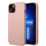 Guess iPhone 14 Plus Cover Saffiano Metal Logo Stripes Rosa