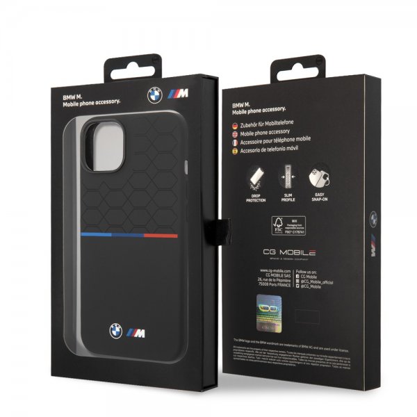 BMW iPhone 14 Plus Cover Tricolor Line & Logo Sort