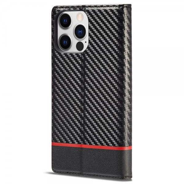 Lc.Imeeke iPhone 14 Pro Cover Kulfibertekstur Rød Stribe Horisontal