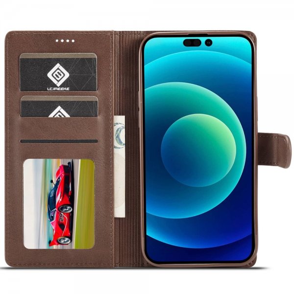 Lc.Imeeke iPhone 14 Pro Etui med Kortlomme Stativfunktion Mørkebrun