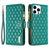 iPhone 14 Pro Cover Rombemønster Lynlås Grøn