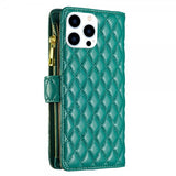 iPhone 14 Pro Cover Rombemønster Lynlås Grøn