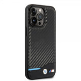 BMW iPhone 14 Pro Max Cover Carbon Effect Printed Logo Sort