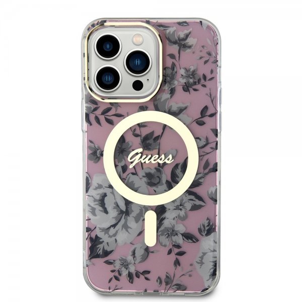 Guess iPhone 14 Pro Max Cover Flower MagSafe Lyserød
