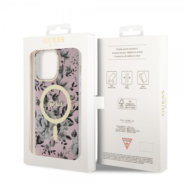 Guess iPhone 14 Pro Max Cover Flower MagSafe Lyserød