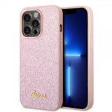 Guess iPhone 14 Pro Max Cover Glitter Flakes Metal Logo Rosa