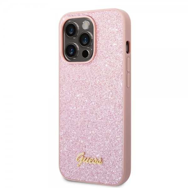Guess iPhone 14 Pro Max Cover Glitter Flakes Metal Logo Rosa