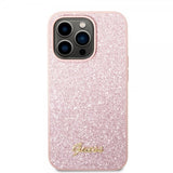 Guess iPhone 14 Pro Max Cover Glitter Flakes Metal Logo Rosa