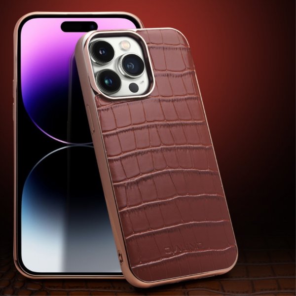 Qialino iPhone 14 Pro Max Cover Krokodillemønster MagSafe Brun