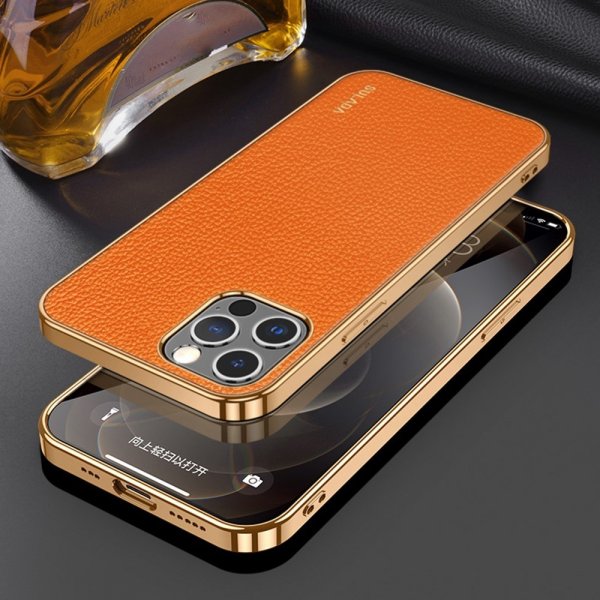 Sulada iPhone 14 Pro Max Cover Litchimønster Forgyldt Kant Orange