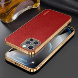 Sulada iPhone 14 Pro Max Cover Litchimønster Forgyldt Kant Rød