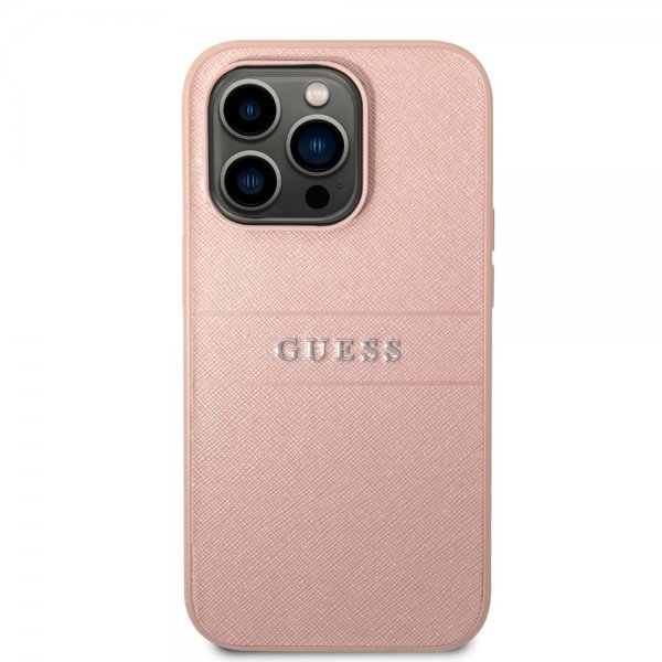 Guess iPhone 14 Pro Max Cover Saffiano Metal Logo Stripes Rosa