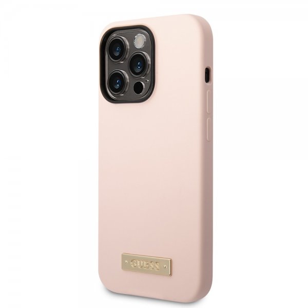 Guess iPhone 14 Pro Max Cover Silikone Metalplade MagSafe Rosa