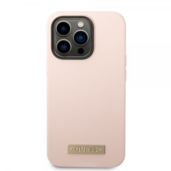 Guess iPhone 14 Pro Max Cover Silikone Metalplade MagSafe Rosa