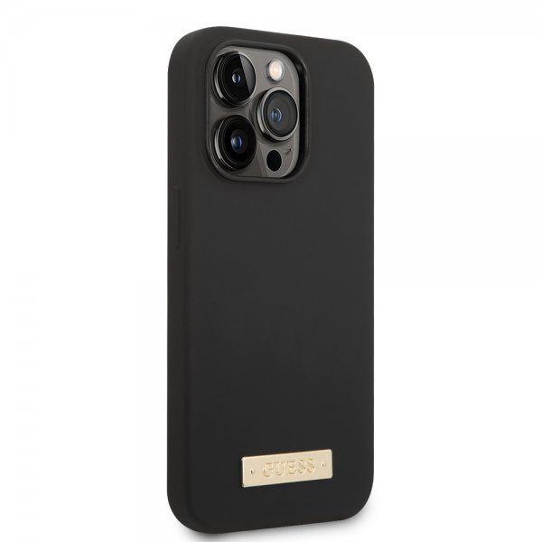 Guess iPhone 14 Pro Max Cover Silikone Metalplade MagSafe Sort