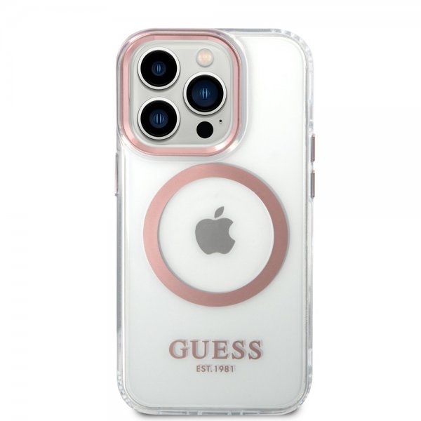 Guess iPhone 14 Pro Max Cover Transparent MagSafe Rosa Transparent