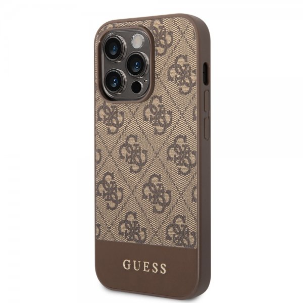Guess iPhone 14 Pro Cover Bottom Stripe Metal Logo Brun
