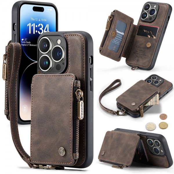CaseMe iPhone 14 Pro Cover C20 Kreditkortpladser Lynlås Brun