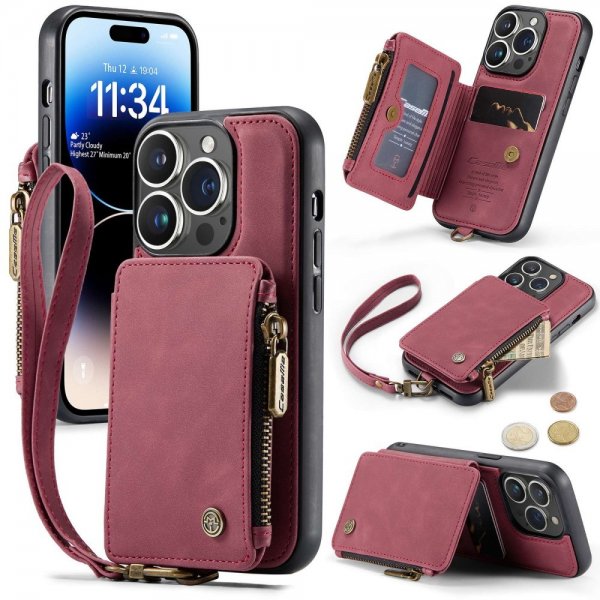 CaseMe iPhone 14 Pro Cover C20 Kortlomme Lynlås Rød