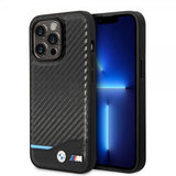 BMW iPhone 14 Pro Cover Carbon Effect Printed Logo Sort