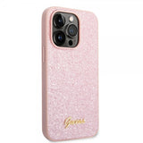 Guess iPhone 14 Pro Cover Glitter Flakes Metal Logo Rosa