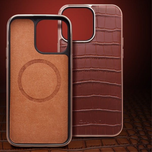 Qialino iPhone 14 Pro Cover Krokodillemønster MagSafe Brun