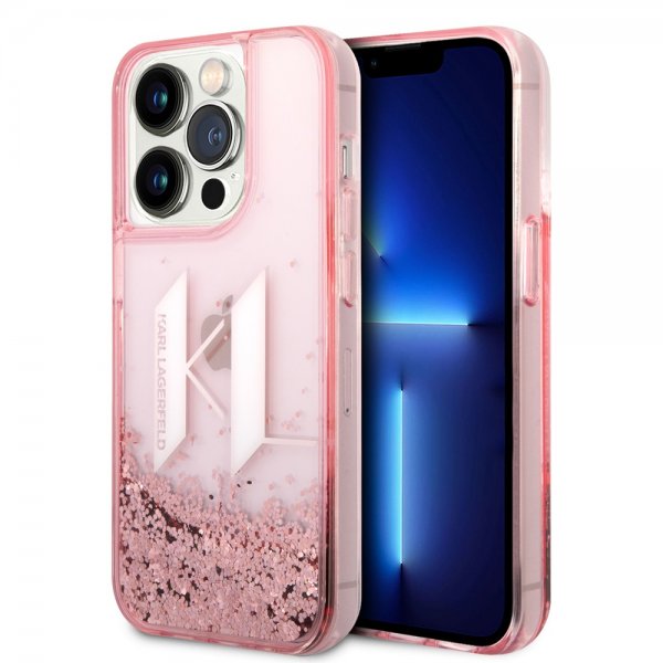Karl Lagerfeld iPhone 14 Pro Cover Liquid Glitter Big Logo Rosa