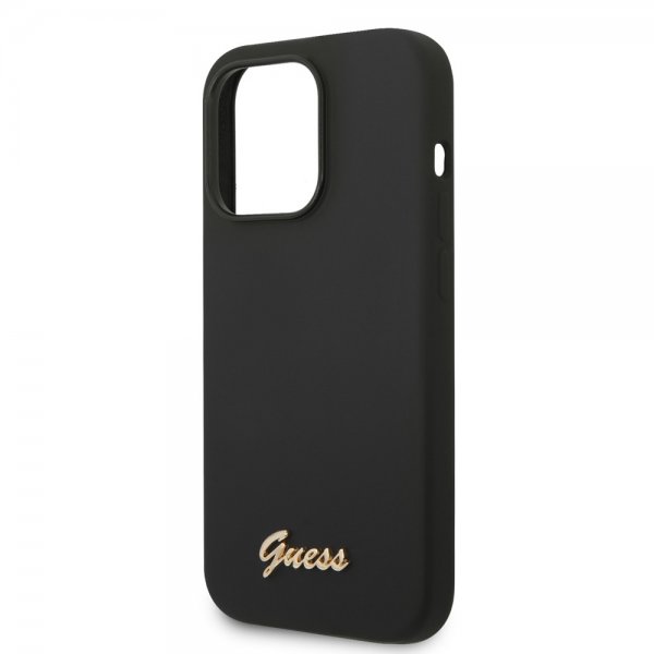Guess iPhone 14 Pro Cover Flydende Silikone Metallogo Sort