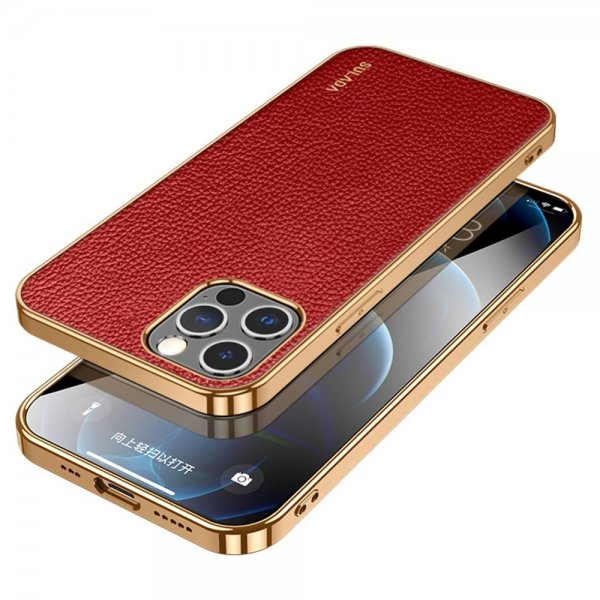 Sulada iPhone 14 Pro Cover Litchi-mønster Forgyldt Kant Rød