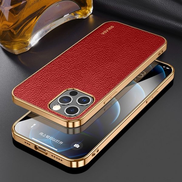 Sulada iPhone 14 Pro Cover Litchi-mønster Forgyldt Kant Rød