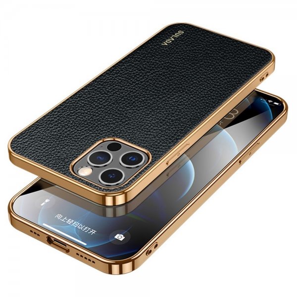 Sulada iPhone 14 Pro Cover Litchi-mønster Forgyldt Kant Sort
