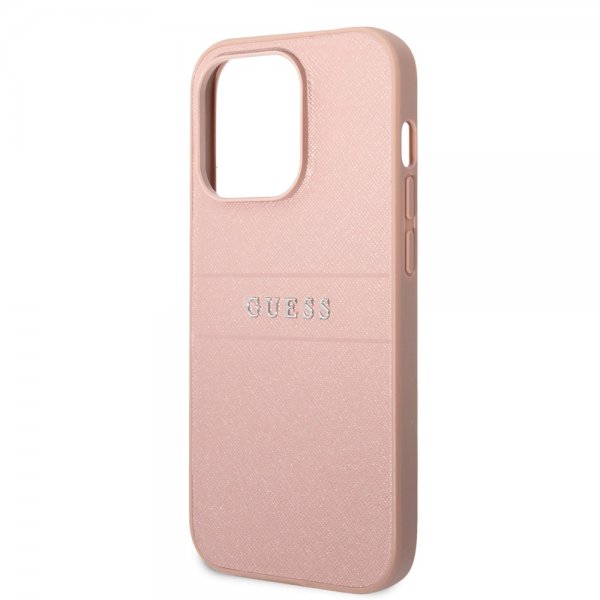 Guess iPhone 14 Pro Cover Saffiano Metal Logo Stripes Rosa