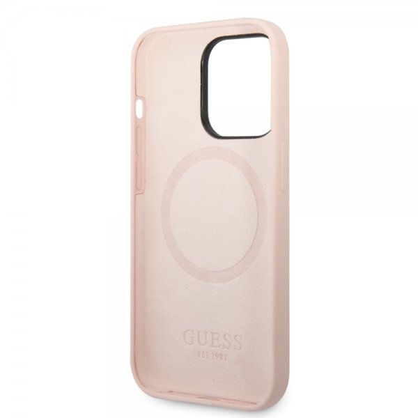Guess iPhone 14 Pro Cover Silicone Metal Plate MagSafe Pink
