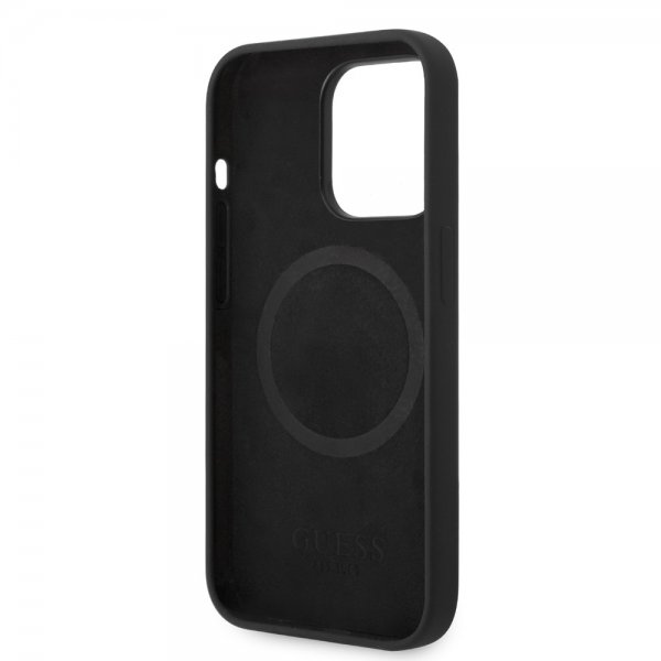 Guess iPhone 14 Pro Cover Silikone Metalplade MagSafe Sort