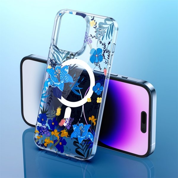 iPhone 14 Pro Cover Spring Series MagSafe Blå Blomster