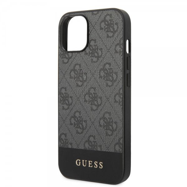Guess iPhone 14 Cover Bottom Stripe Metal Logo Grå