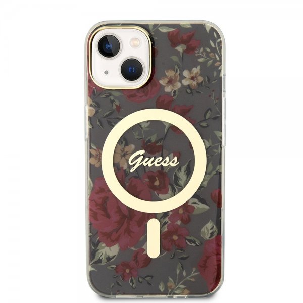 Guess iPhone 14 Cover Flower MagSafe Kaki
