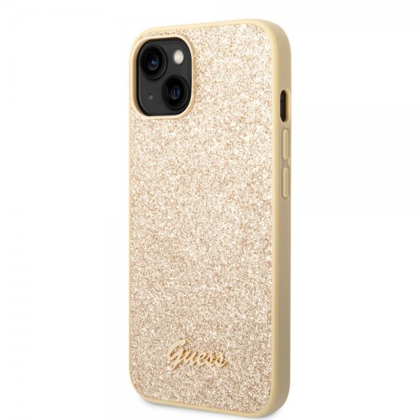 Guess iPhone 14 Cover Glitter Flakes Metal Logo Guld