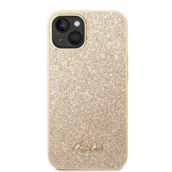 Guess iPhone 14 Cover Glitter Flakes Metal Logo Guld