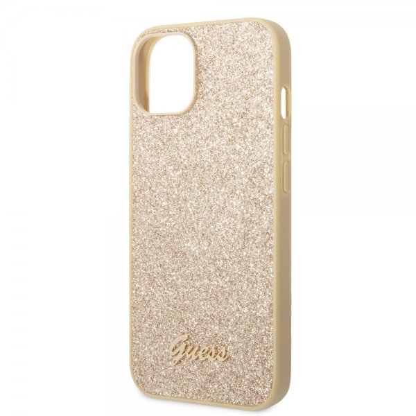 Guess iPhone 14 Cover Glitter Flakes Metal Logo Guld